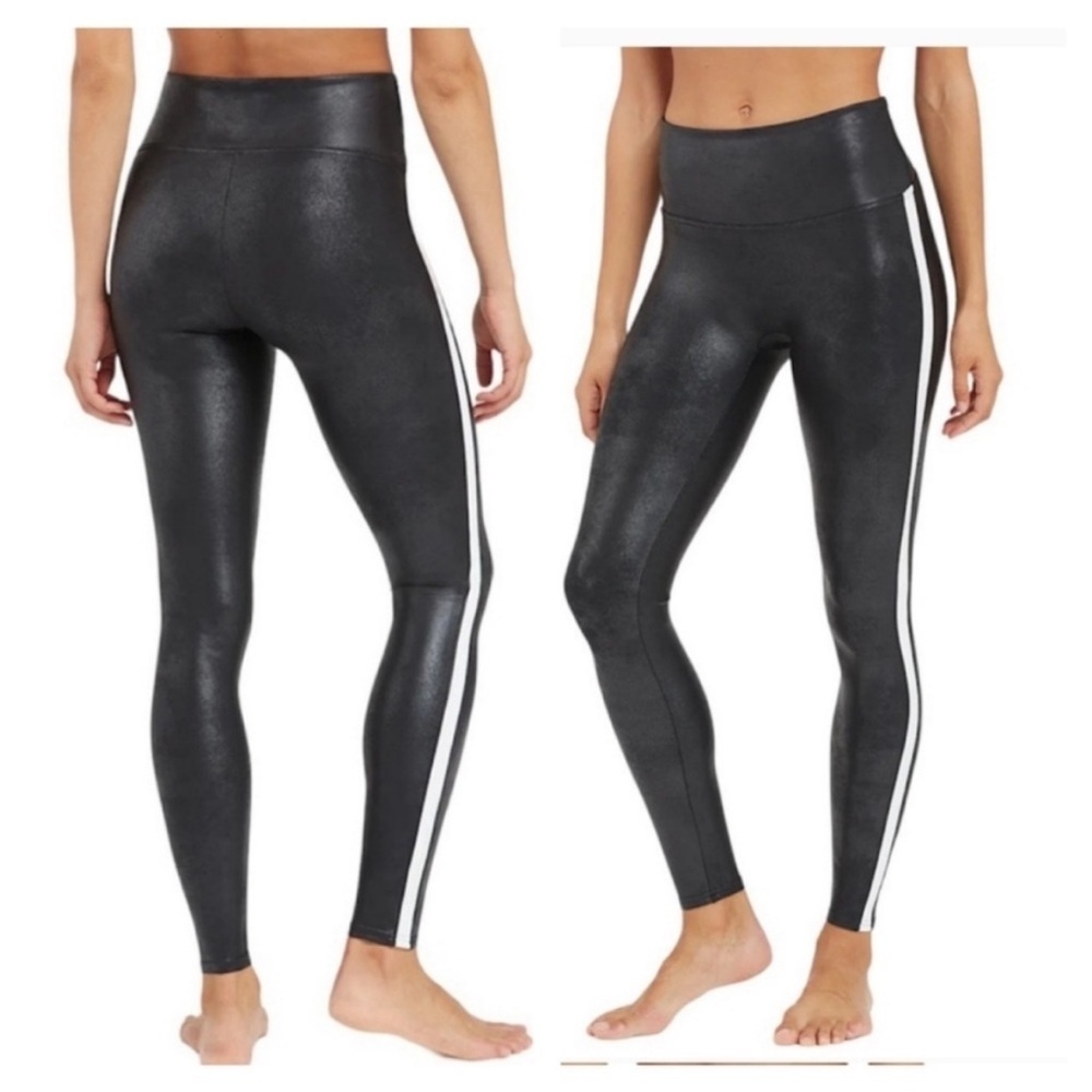 SPANX Faux Leather Leggings Tummy Control With Side Stripe Size L Tuxedo Pants - Picture 5 of 12